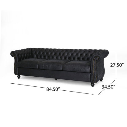 Black Chesterfield 84.75 Button Tufted Upholstered 3-seater Sofa with Nailheads and Wood Legs for Living Room