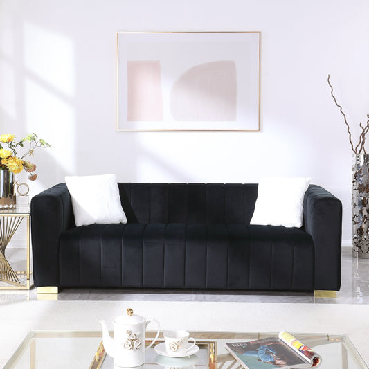 Black Chesterfield 87.01 Velvet Channel Tufted 3-seater Sofa with Pillows for Living Room