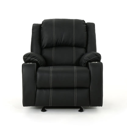 Black Contemporary Manual Recliner with Steel Cup Holders, Plush PU Leather, and Adjustable Recline