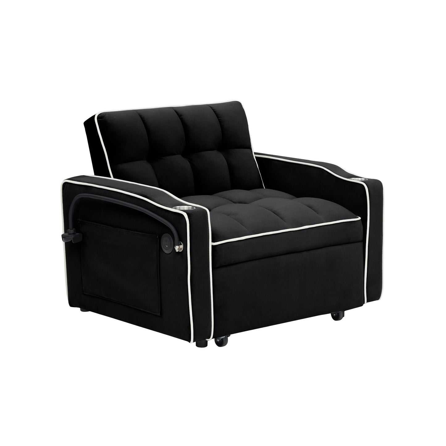 Black Convertible Single Sofa Bed with USB Charging Port