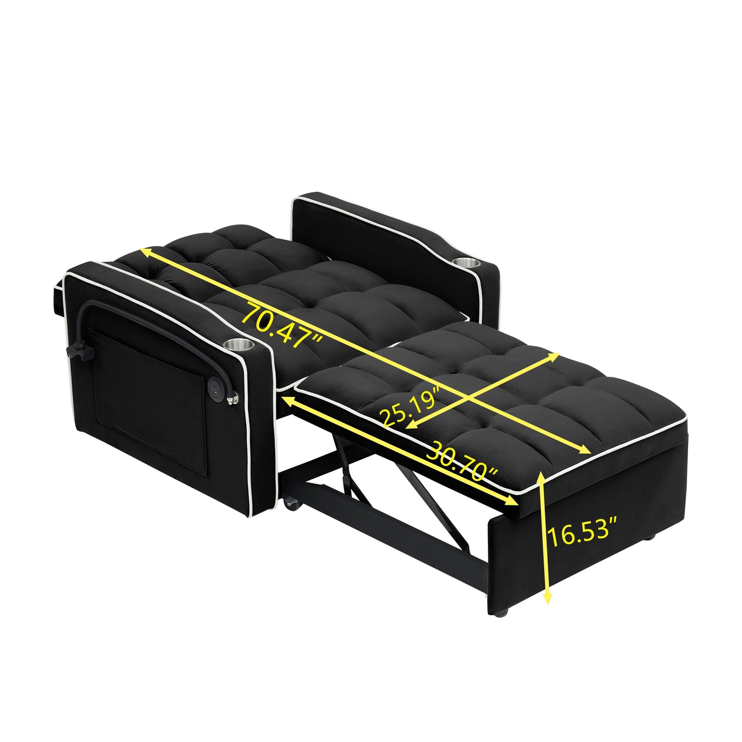 Black Convertible Single Sofa Bed with USB Charging Port