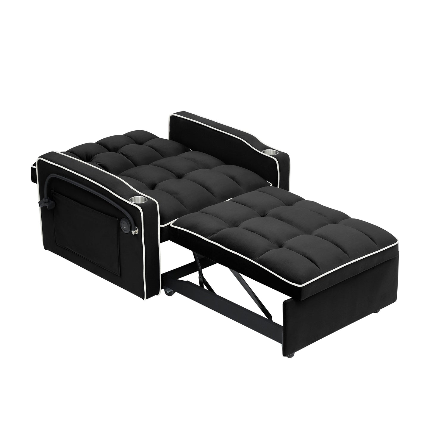 Black Convertible Single Sofa Bed with USB Charging Port