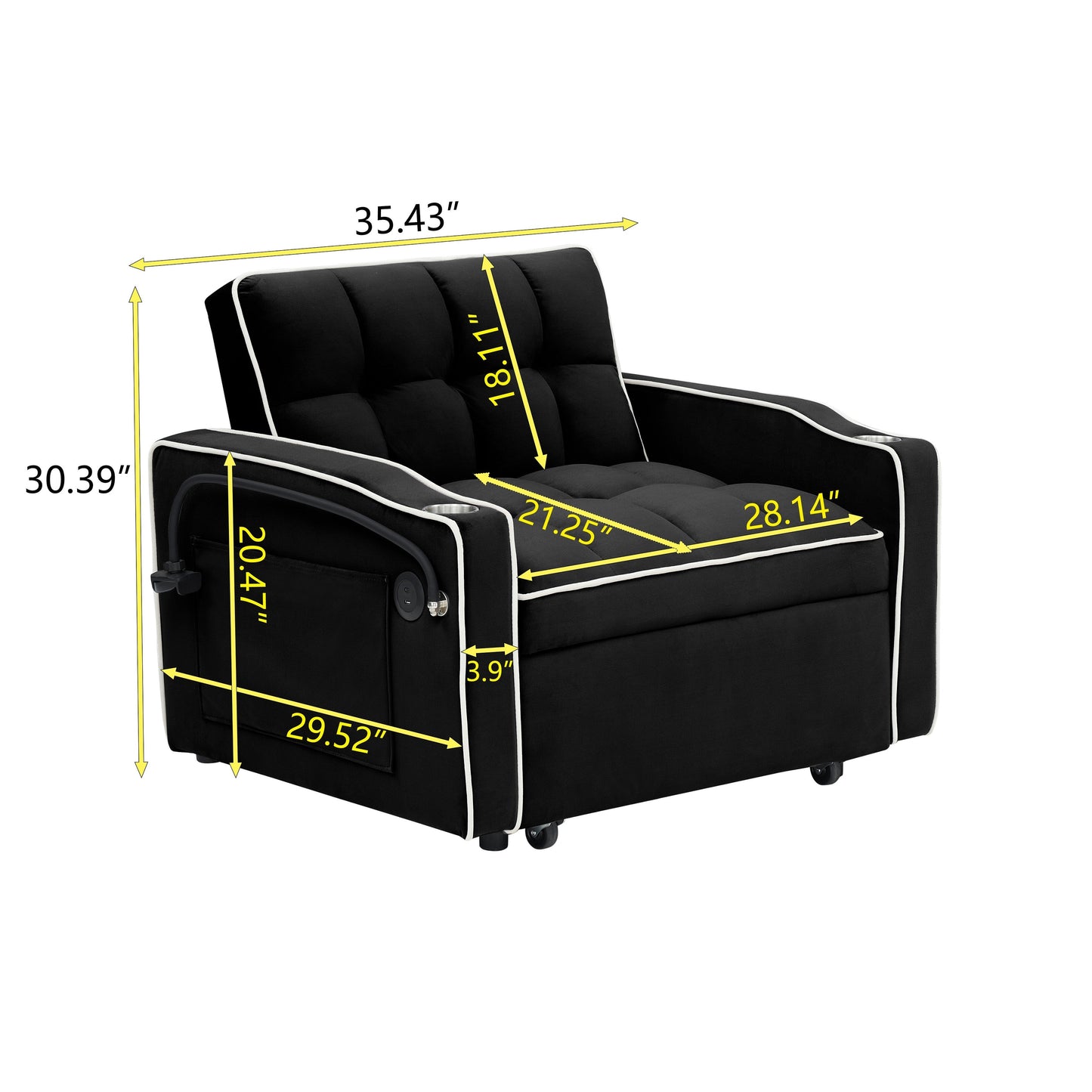 Black Convertible Single Sofa Bed with USB Charging Port