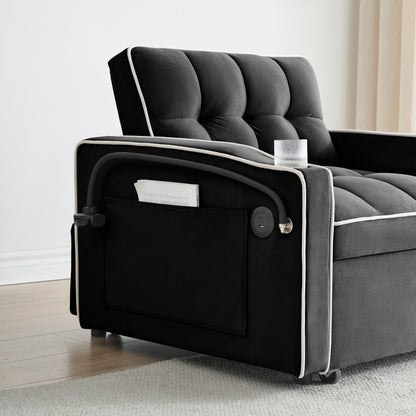 Black Convertible Single Sofa Bed with USB Charging Port
