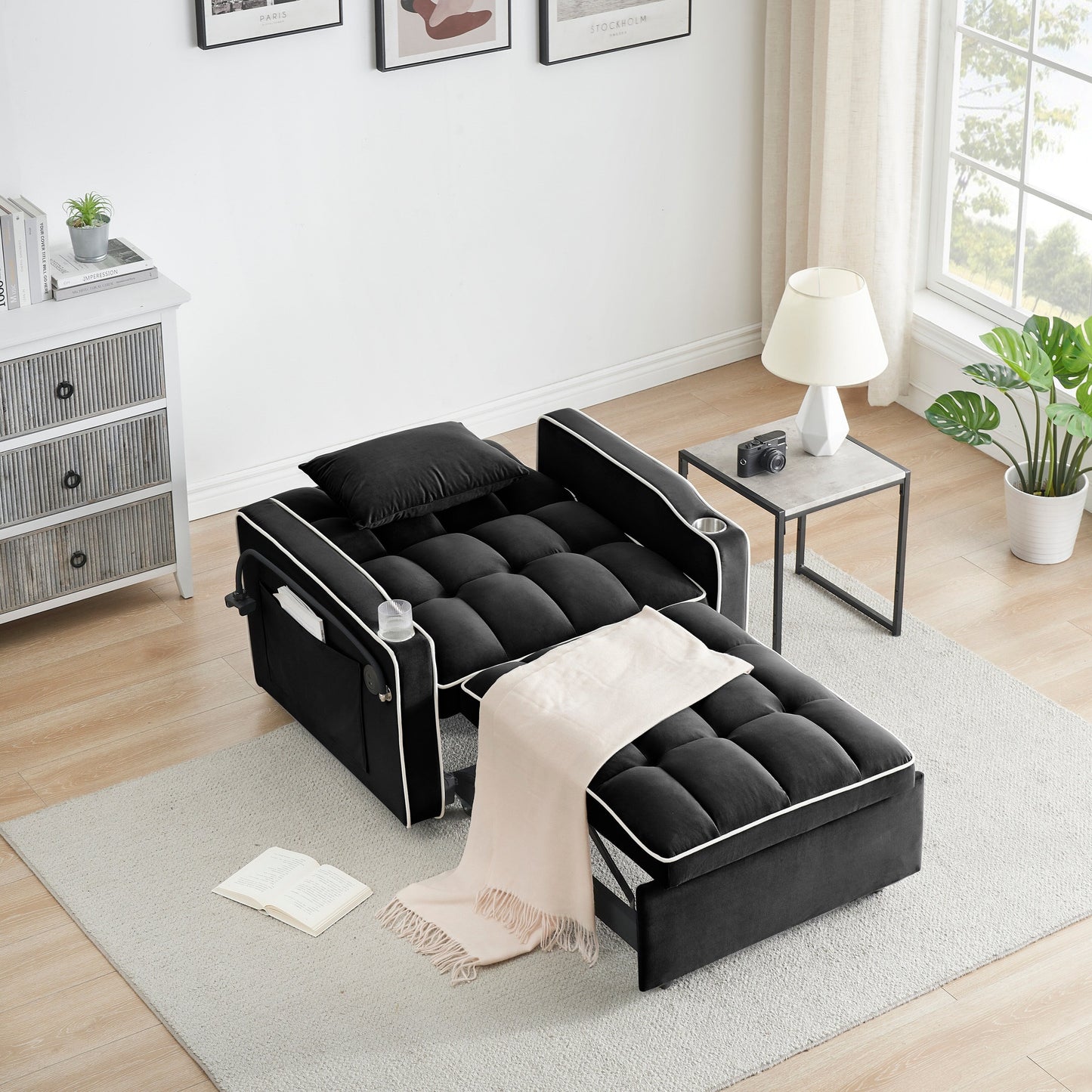 Black Convertible Single Sofa Bed with USB Charging Port