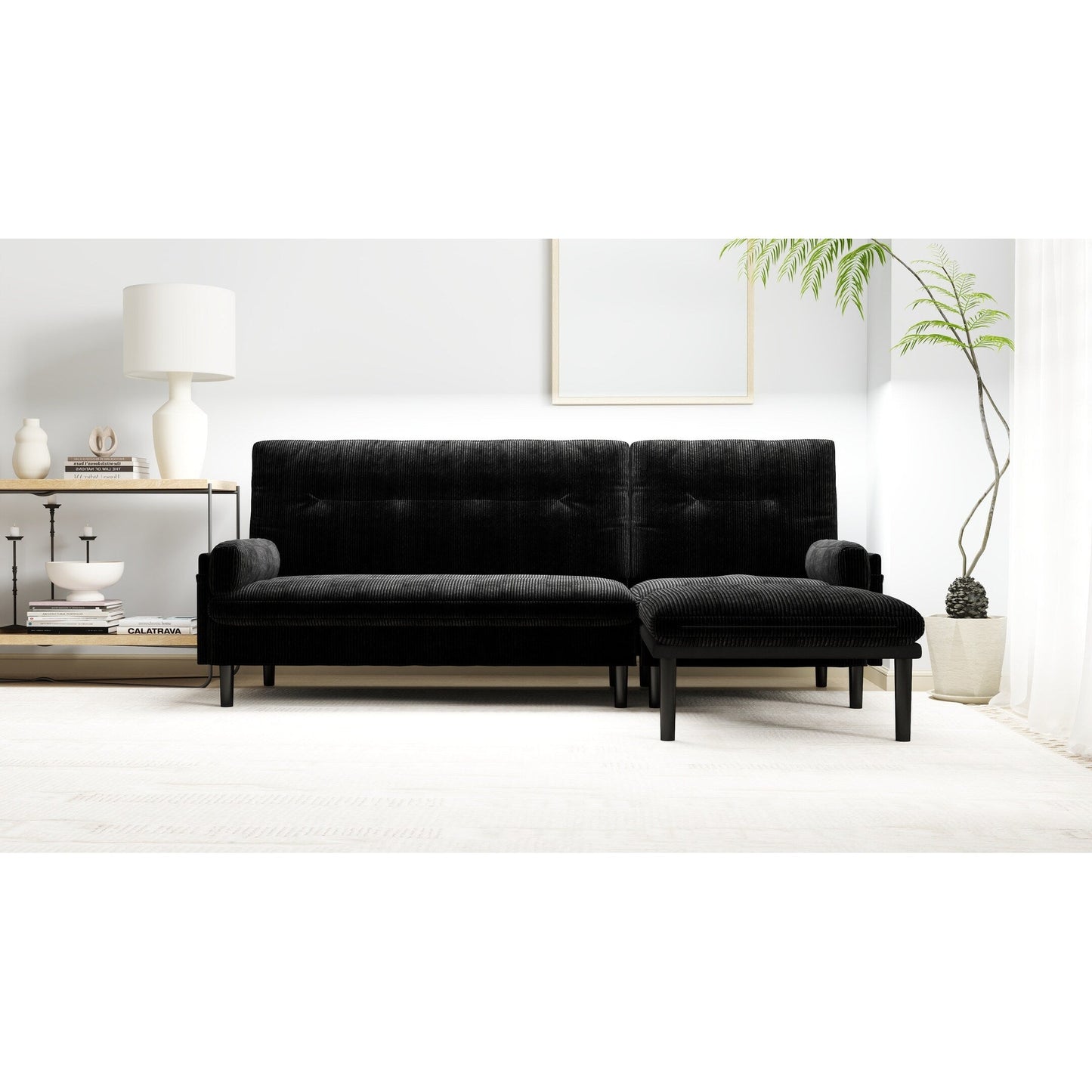 Black Corduroy Adjustable 3-seater Sofa and Guest Bed