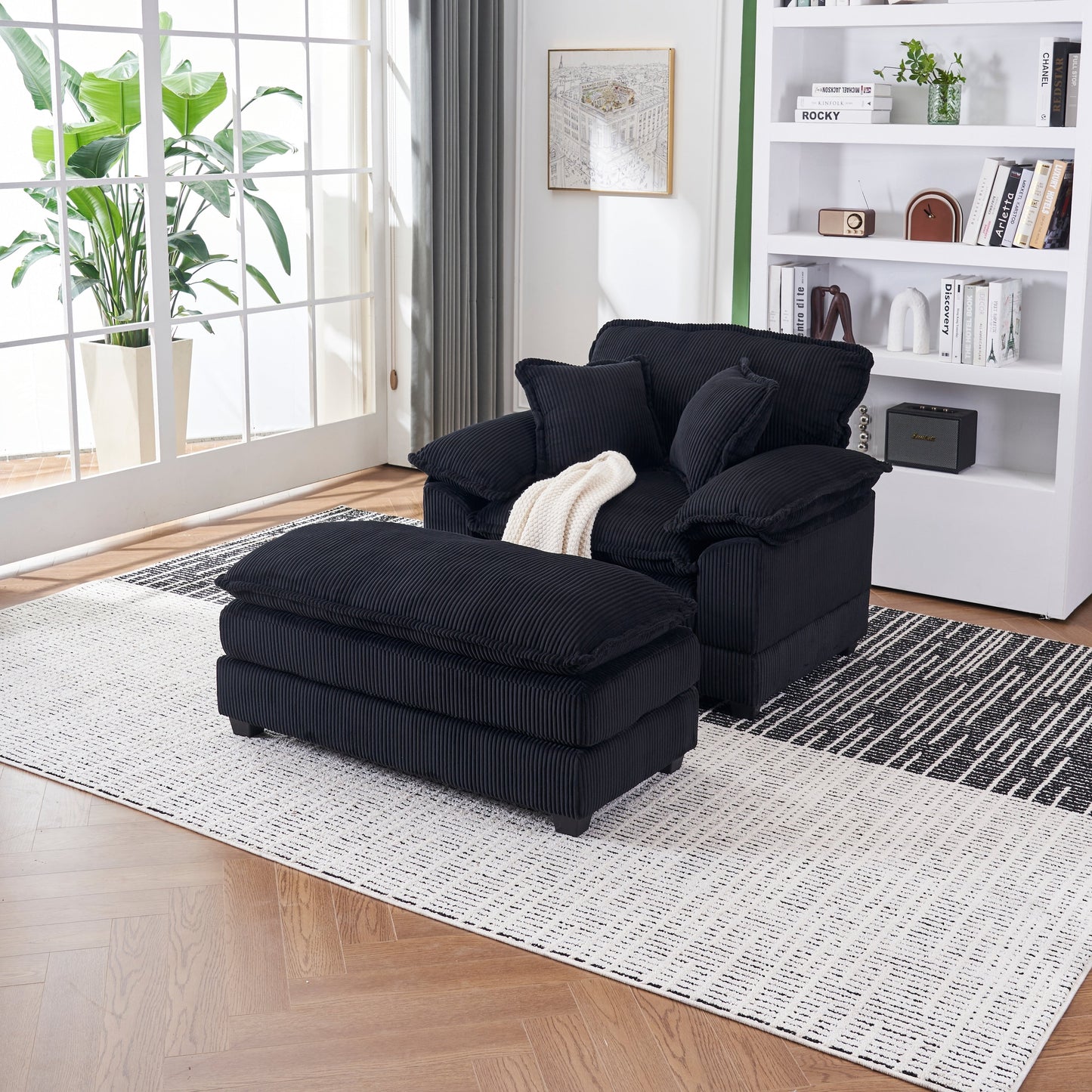 Black Corduroy Single Deep Seat Sofa with Ottoman