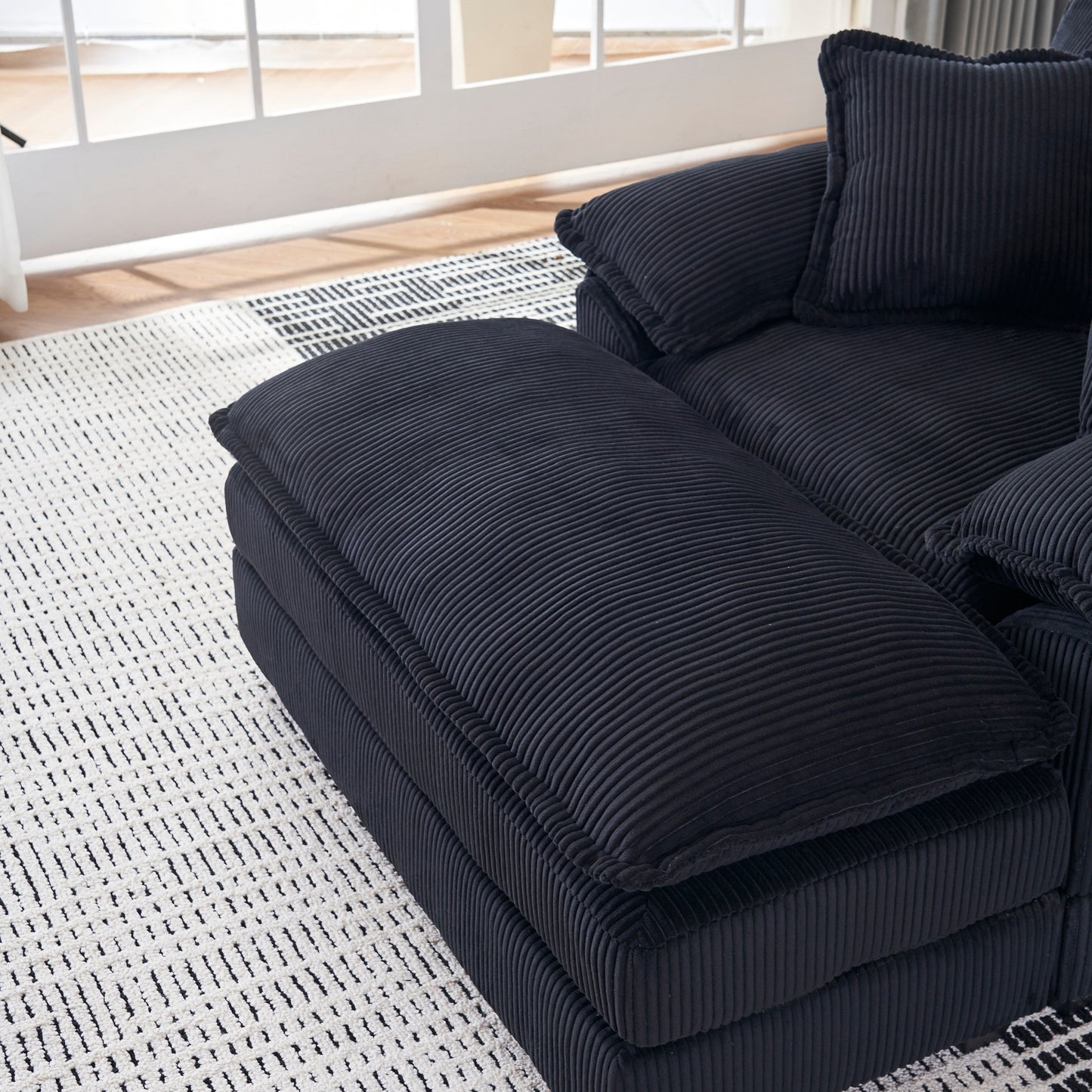 Black Corduroy Single Deep Seat Sofa with Ottoman