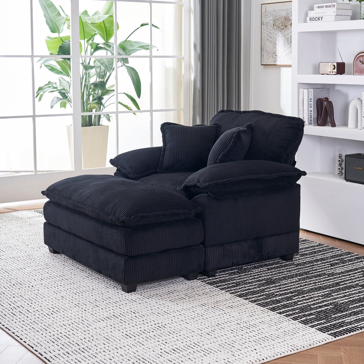 Black Corduroy Single Deep Seat Sofa with Ottoman