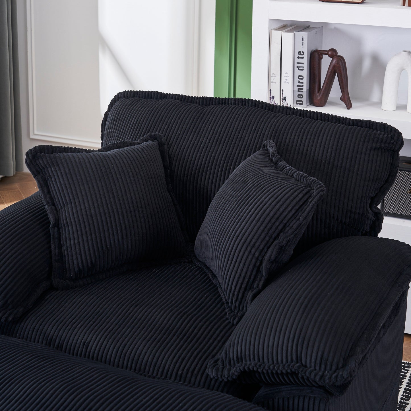 Black Corduroy Single Deep Seat Sofa with Ottoman