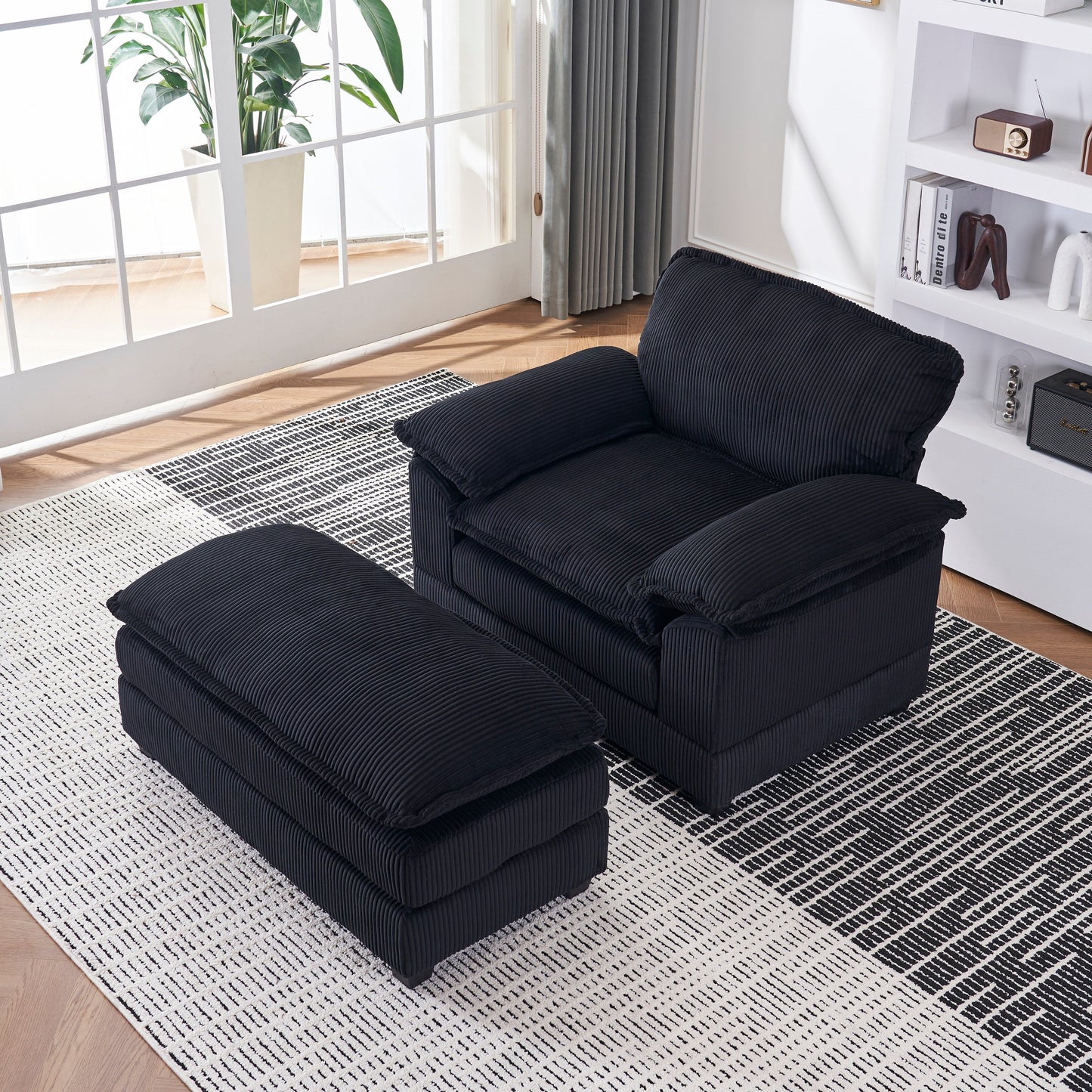 Black Corduroy Single Deep Seat Sofa with Ottoman
