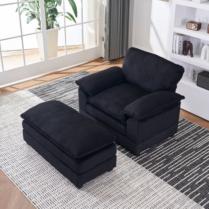 Black Corduroy Single Deep Seat Sofa with Ottoman