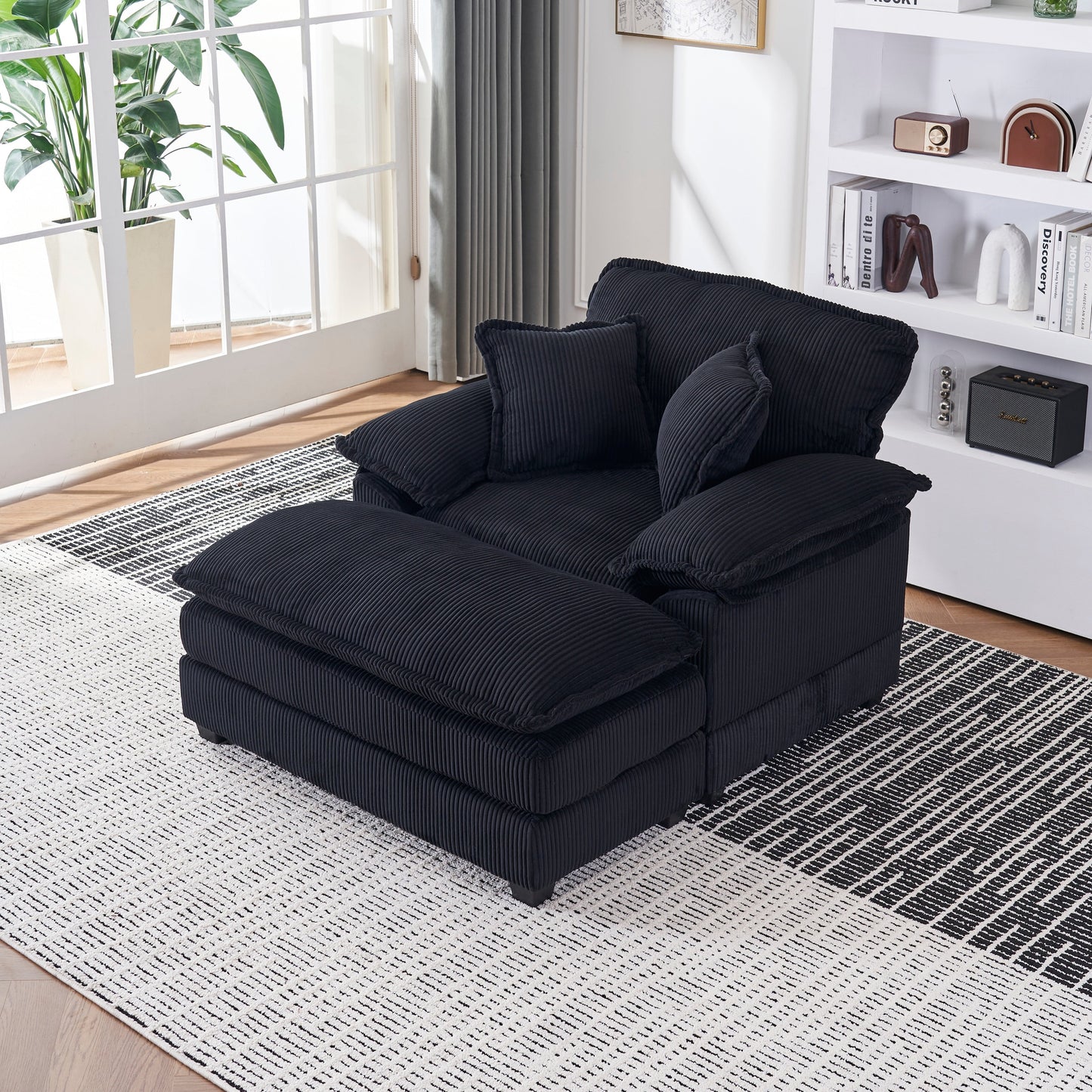 Black Corduroy Single Deep Seat Sofa with Ottoman