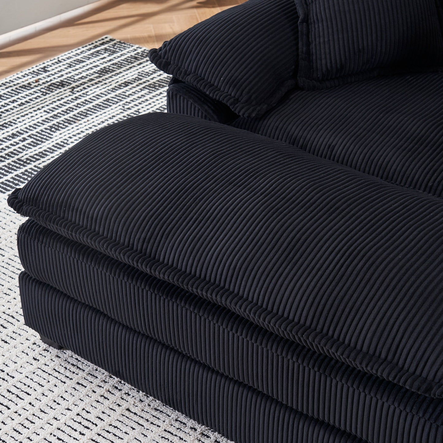 Black Corduroy Single Deep Seat Sofa with Ottoman