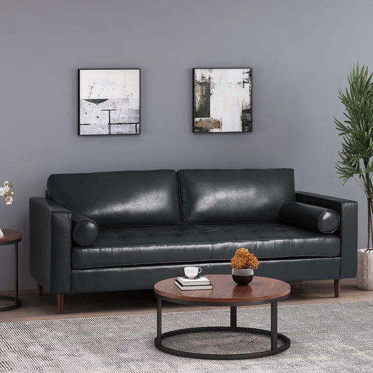 Black Faux Leather 3-seater Sofa with Wood Legs