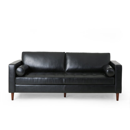 Black Faux Leather 3-seater Sofa with Wood Legs