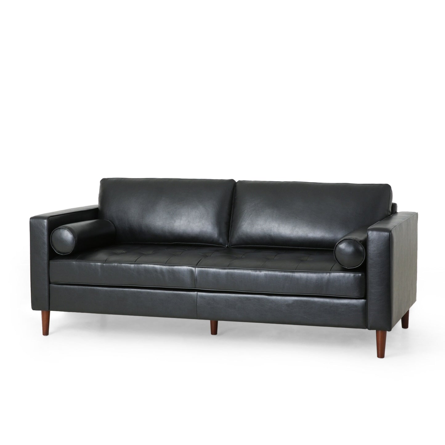 Black Faux Leather 3-seater Sofa with Wood Legs