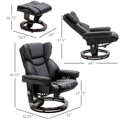 Black Faux Leather 360Â° Swivel Manual Recliner Set with Ottoman, 10 Vibration Massage Points, Side Pocket