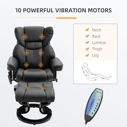 Black Faux Leather 360Â° Swivel Manual Recliner Set with Ottoman, 10 Vibration Massage Points, Side Pocket