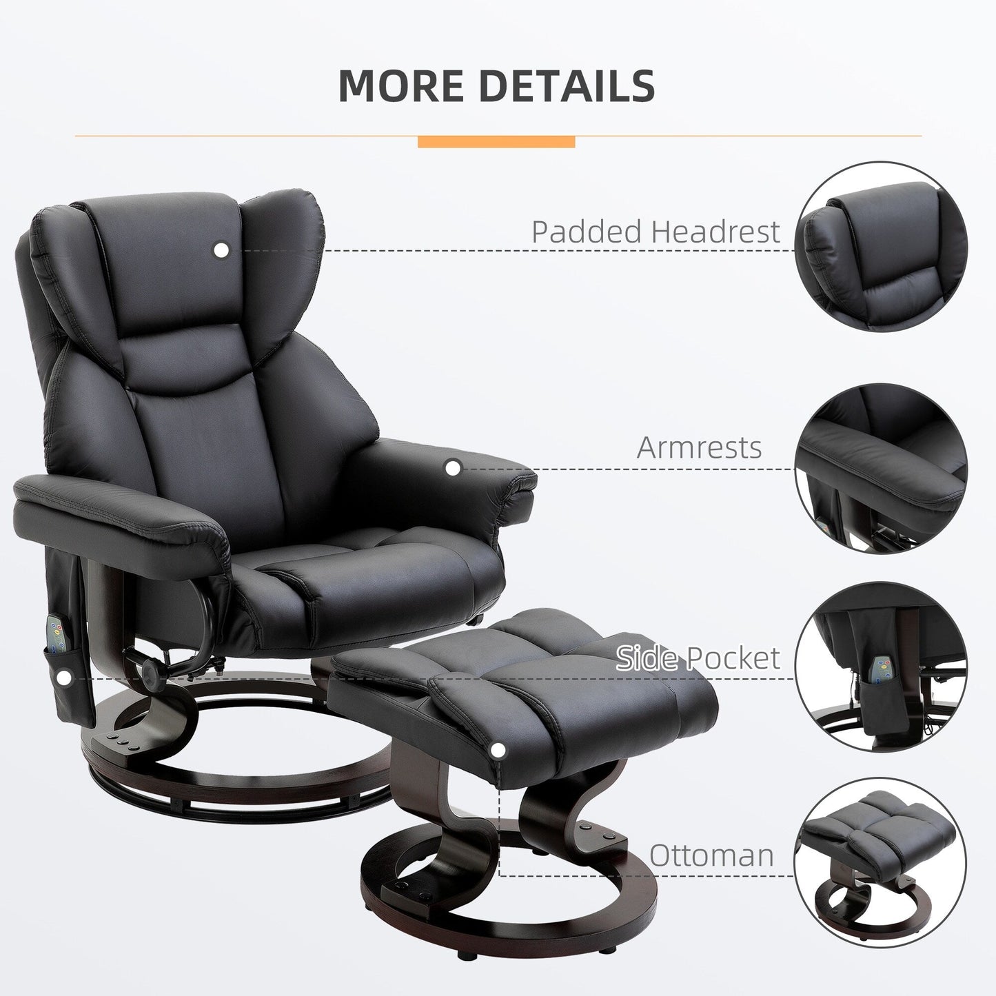 Black Faux Leather 360Â° Swivel Manual Recliner Set with Ottoman, 10 Vibration Massage Points, Side Pocket