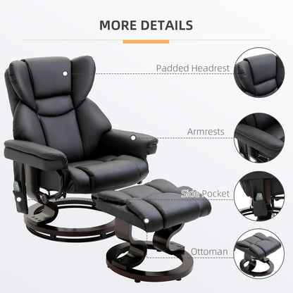 Black Faux Leather 360Â° Swivel Manual Recliner Set with Ottoman, 10 Vibration Massage Points, Side Pocket