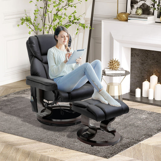 Black Faux Leather 360Â° Swivel Manual Recliner Set with Ottoman, 10 Vibration Massage Points, Side Pocket