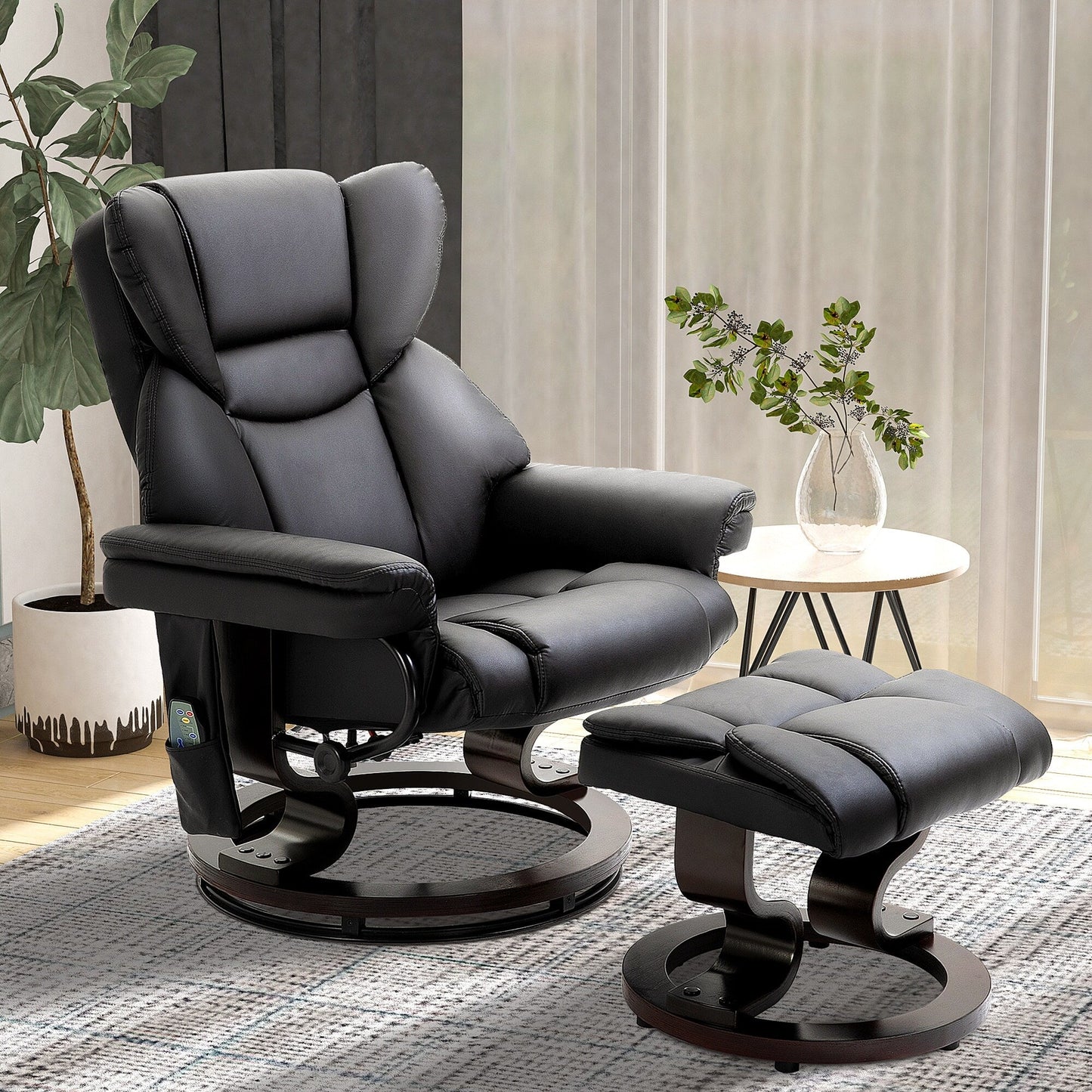 Black Faux Leather 360Â° Swivel Manual Recliner Set with Ottoman, 10 Vibration Massage Points, Side Pocket