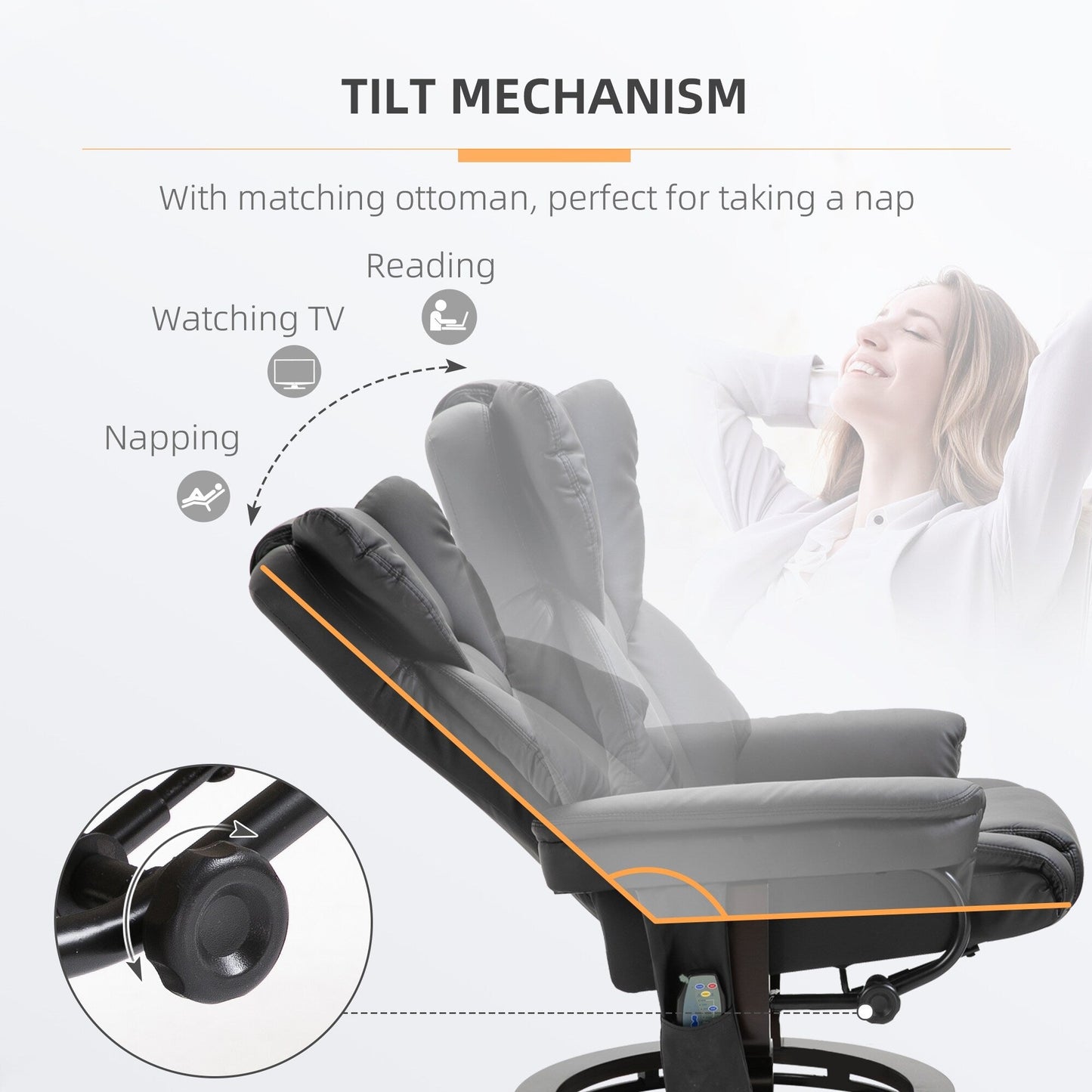 Black Faux Leather 360Â° Swivel Manual Recliner Set with Ottoman, 10 Vibration Massage Points, Side Pocket