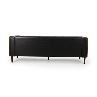 Black Faux Leather Button Tufted 3-seater Sofa with Birch Wood Legs
