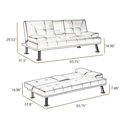 Black Faux Leather Loveseat Sofa Bed With Cup Holders , Convertible Folding Sleeper Couch Bed . - 31.50 x 65.75 x 29.53
