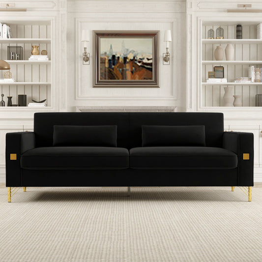Black Modern 85.63 Velvet 3-seater Sofa with Gold Accents and Plush Cushions for Living Room