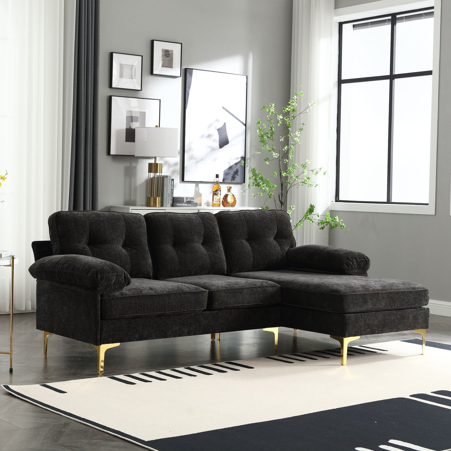 Black Modern 85'' Fabric L-Shaped 3 Seat Sofa, with High-Quality Wood Frame, Spring Cushions, Waist Pillows, Classic Design