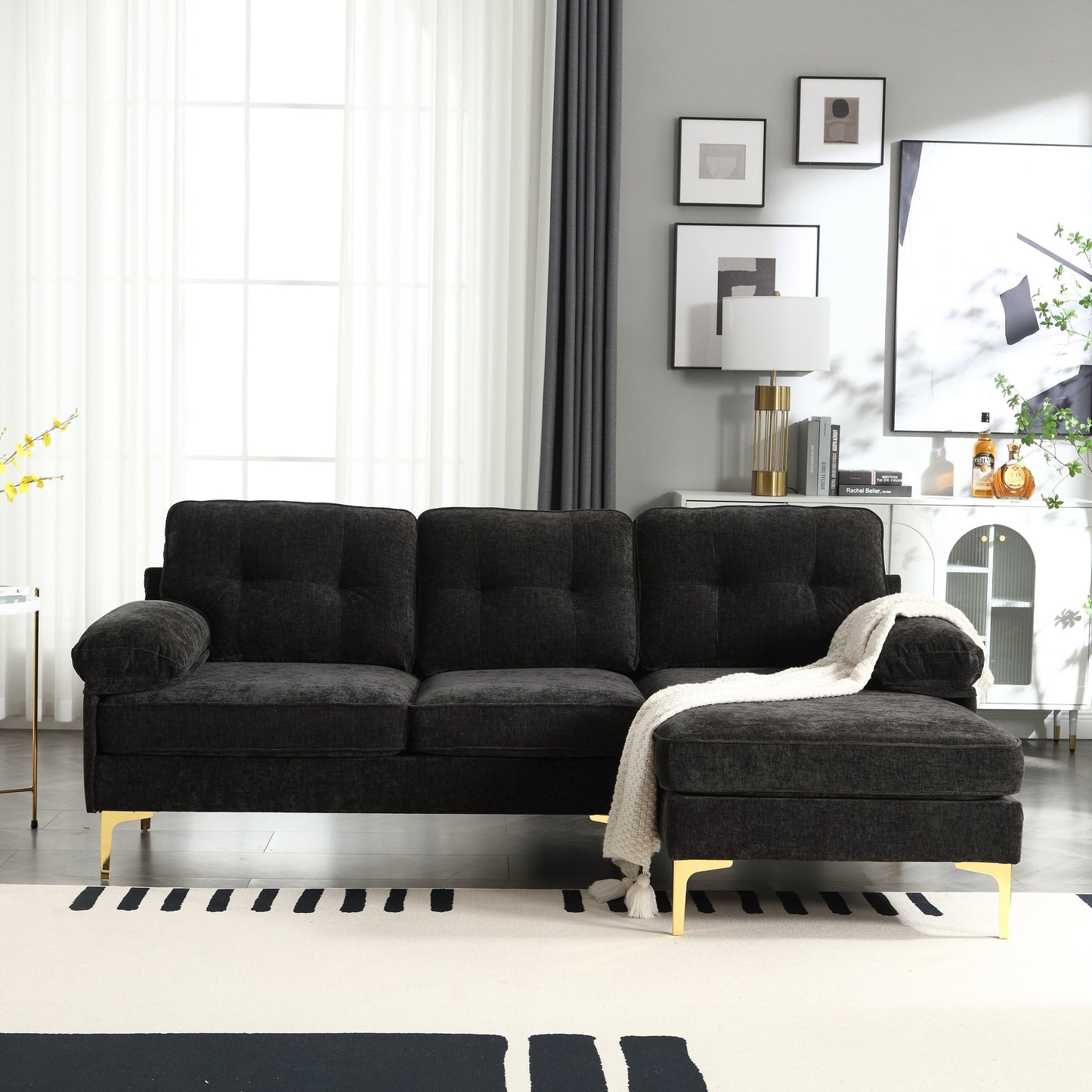 Black Modern 85'' Fabric L-Shaped 3 Seat Sofa, with High-Quality Wood Frame, Spring Cushions, Waist Pillows, Classic Design