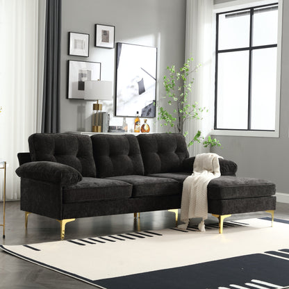 Black Modern 85'' Fabric L-Shaped 3-Seater Sofa with Wood Frame and Spring Cushions
