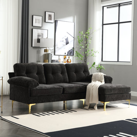 Black Modern 85'' Fabric L-Shaped 3-Seater Sofa with Wood Frame and Spring Cushions