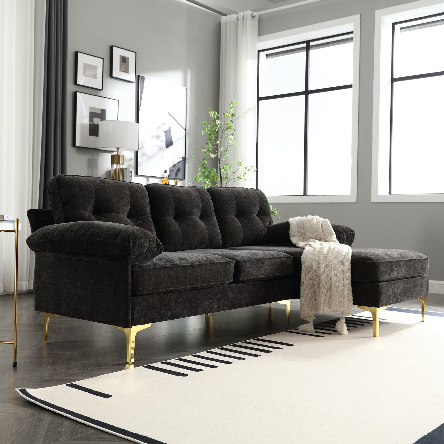 Black Modern 85'' Fabric L-Shaped 3-Seater Sofa with Wood Frame and Spring Cushions