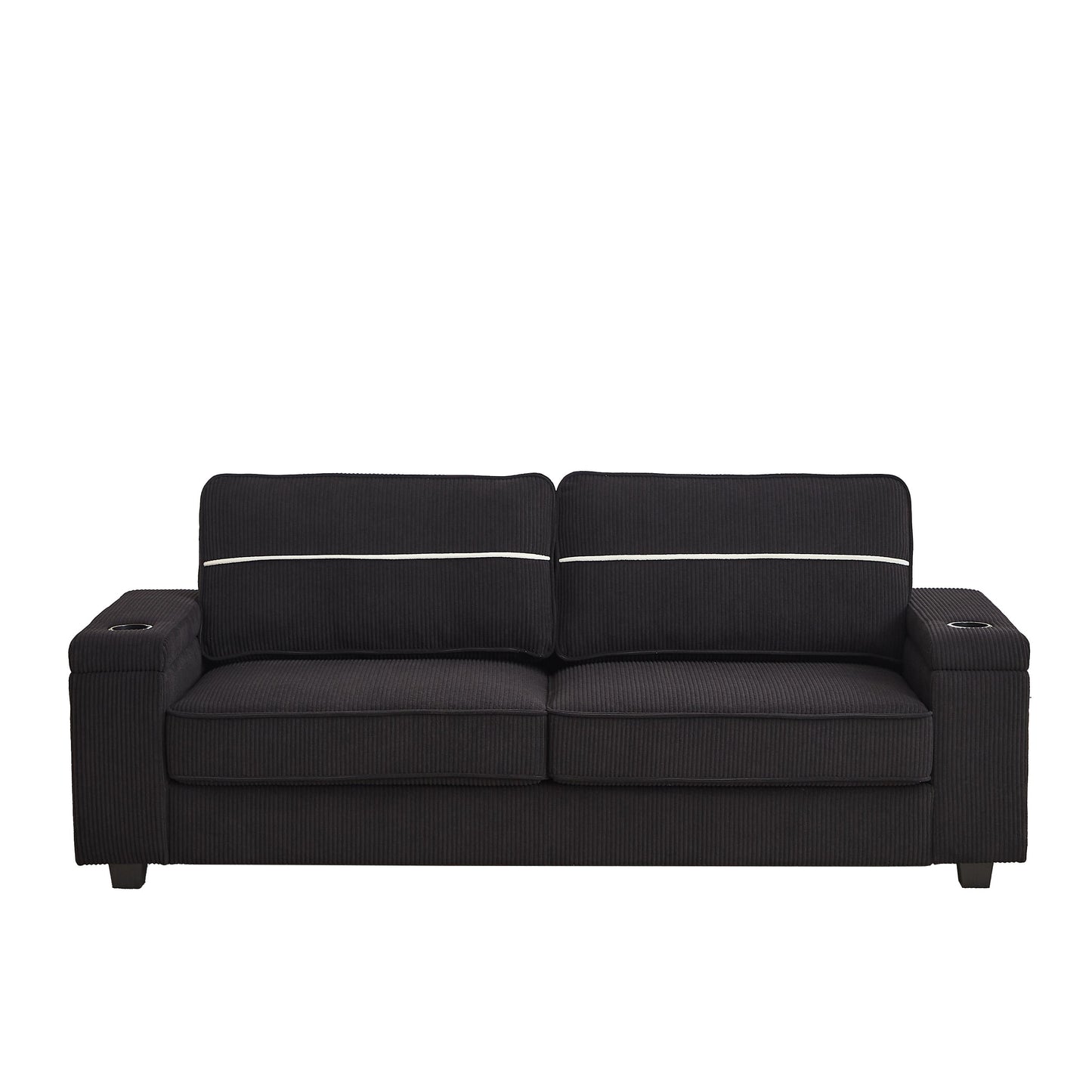 Black Modern 86.5 Corduroy 3-seater Sofa with Two Storage Spaces and USB Charging Ports and 2 Cup Holders