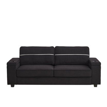 Black Modern 86.5 Corduroy 3-seater Sofa with Two Storage Spaces and USB Charging Ports and 2 Cup Holders