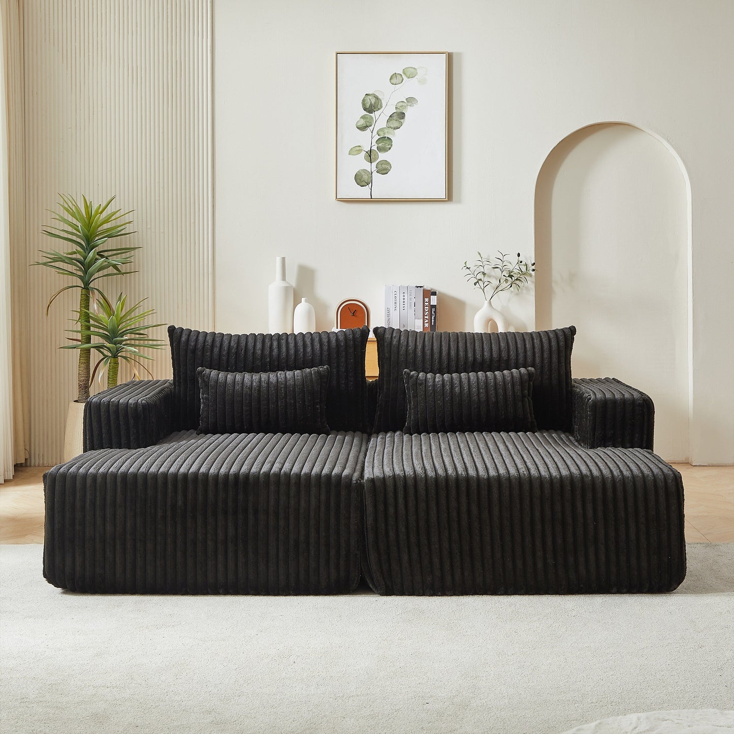 Black Modern 87 Cloud Plush Loveseat Sectional Lounge Sleeper Chaise Sofa with Pillows for Living Room