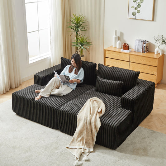 Black Modern 87 Cloud Plush Loveseat Sectional Lounge Sleeper Chaise Sofa with Pillows for Living Room