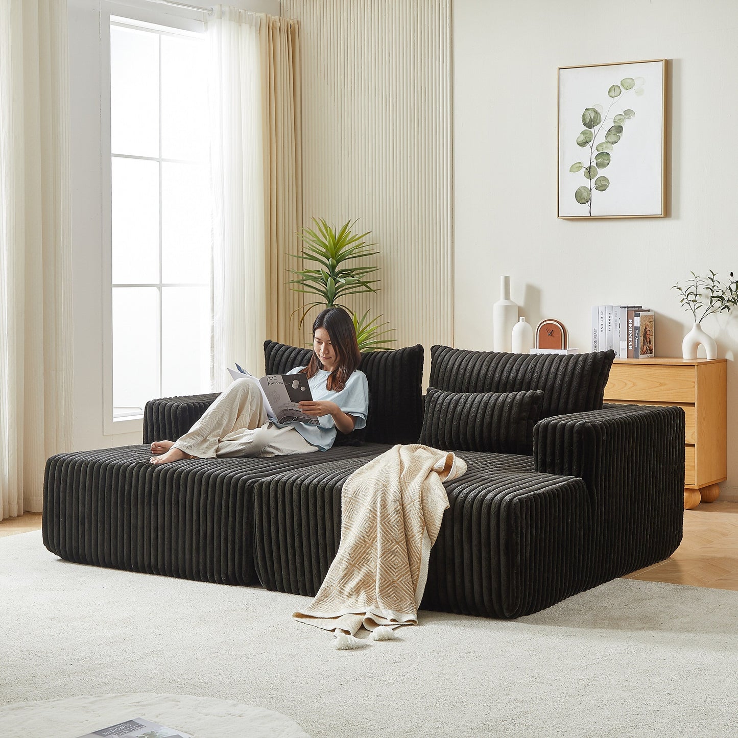 Black Modern 87 Cloud Plush Loveseat Sectional Lounge Sleeper Chaise Sofa with Pillows for Living Room