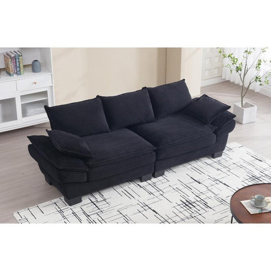 Black Modern 88.6 Corduroy 3-seater Sailboat Sofa with Two Pillows and Wide Plastic Feet for Living Room