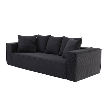 Black Modern 88.97 Corduroy Upholstered 3-seater Floor Sofa with 5 Matching Toss Pillows for Living Room