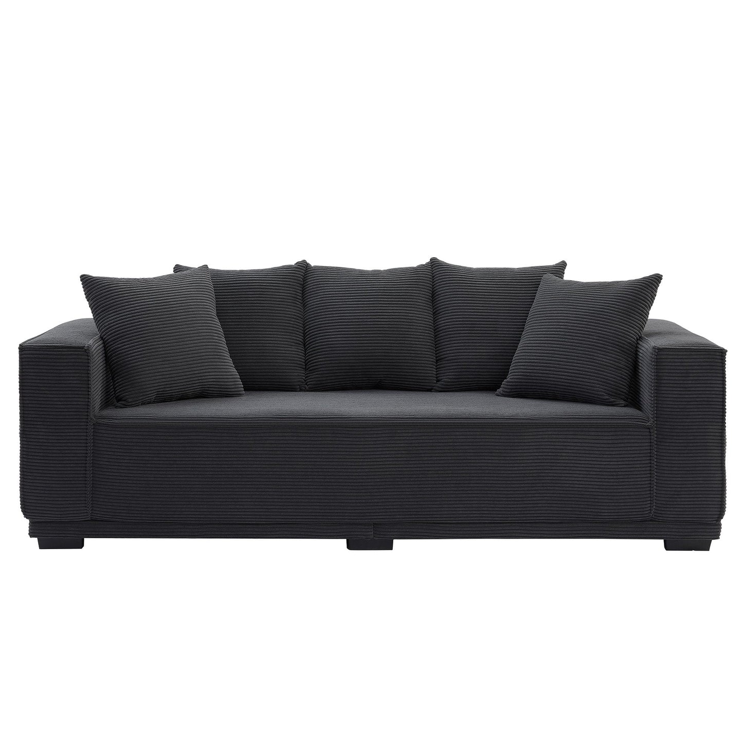 Black Modern 88.97 Corduroy Upholstered 3-seater Sofa with 5 Matching Toss Pillows for Living Room