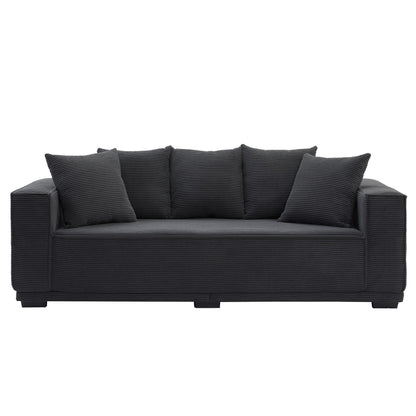 Black Modern 88.97 Corduroy Upholstered 3-seater Sofa with 5 Matching Toss Pillows for Living Room