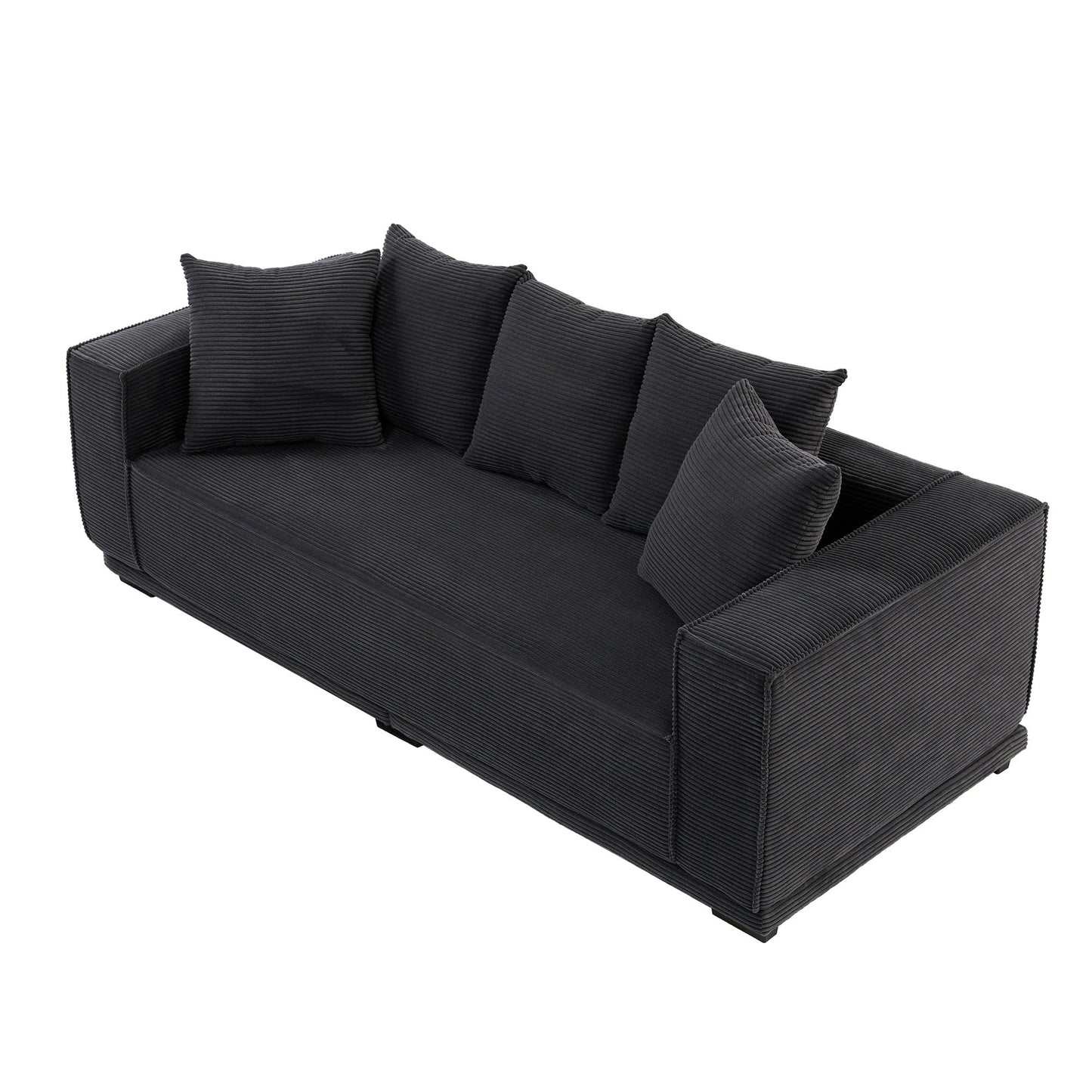 Black Modern 88.97 Corduroy Upholstered 3-seater Sofa with 5 Matching Toss Pillows for Living Room