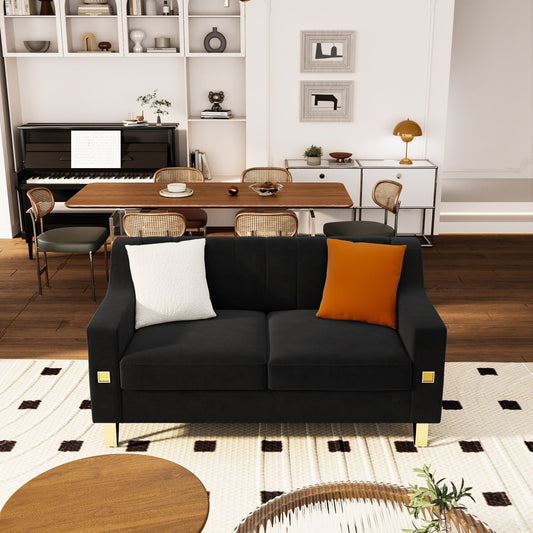 Black Modern Velvet Loveseat Sofa with Gold Accents and Plush Cushions for Living Room