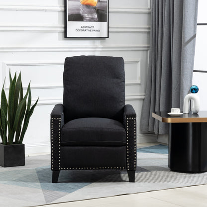 Black Modern Velvet Upholstered Manual Recliner Chair with Soft Cushions and Footrest, Nailhead Decoration