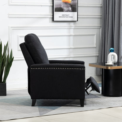 Black Modern Velvet Upholstered Manual Recliner Chair with Soft Cushions and Footrest, Nailhead Decoration