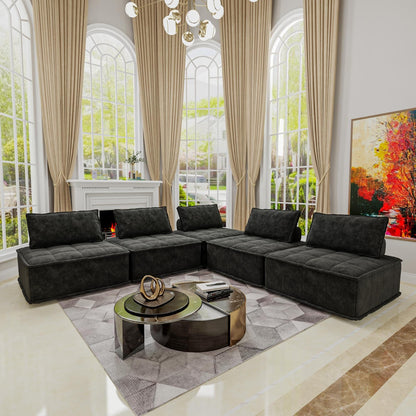 Black Oversized 5-piece Chenille Modular Square Sofa Set with High-Density Foam Cushions, Free Combination